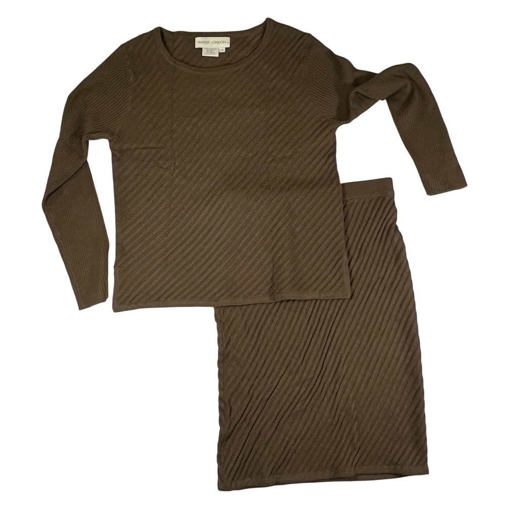VTG Maggy London Skirt Set Womens Small Brown Ribbed Wool Blend Knit 2 Piece Set